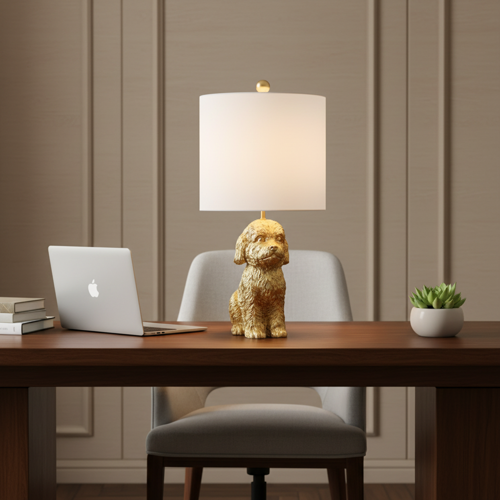 A dog lamp featuring a textured gold dog-shaped base and a white drum shade, shown against a plain white background.