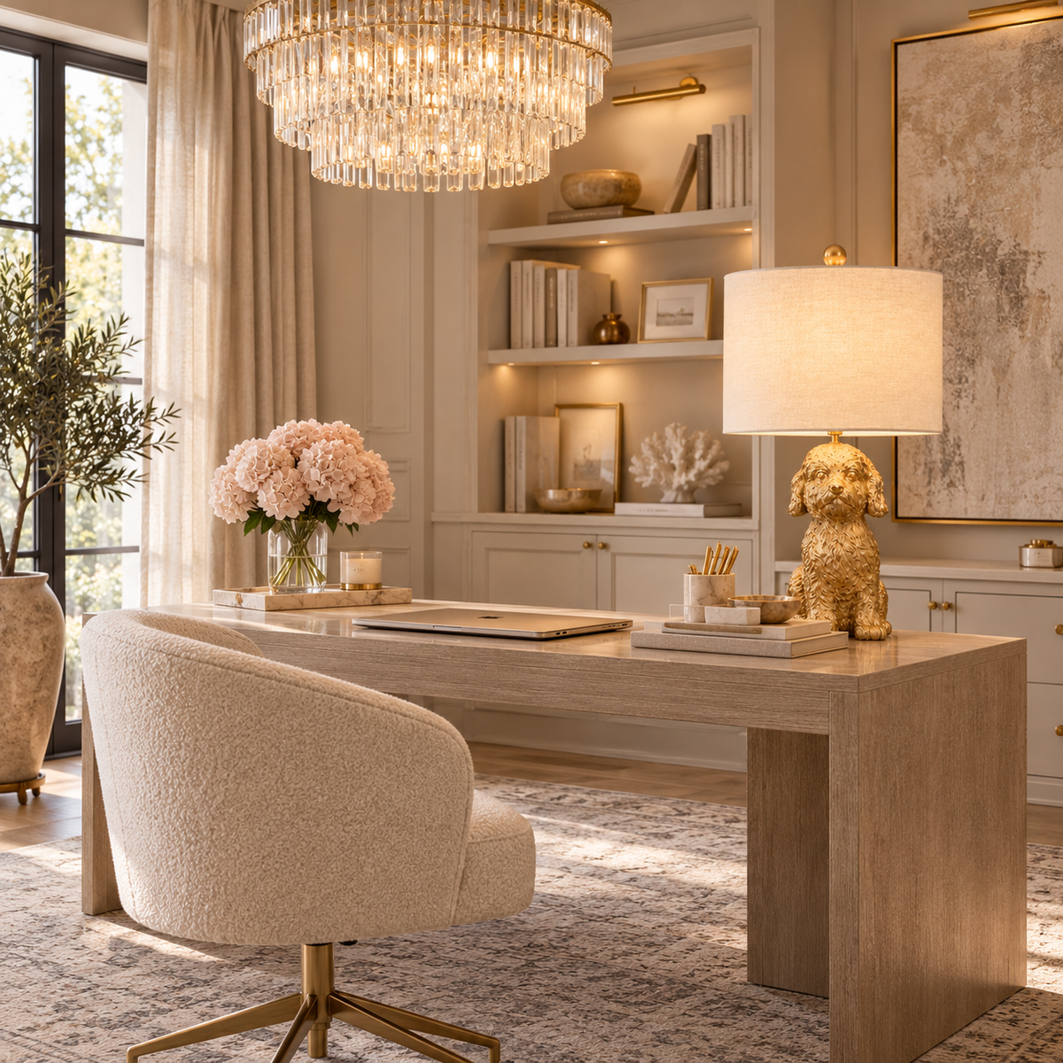 Cavadoodle lamp with gold dog-shaped base and linen shade on a modern home office desk beneath a crystal chandelier.