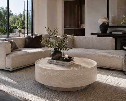 claudia coffee table across from sofa in living room with window