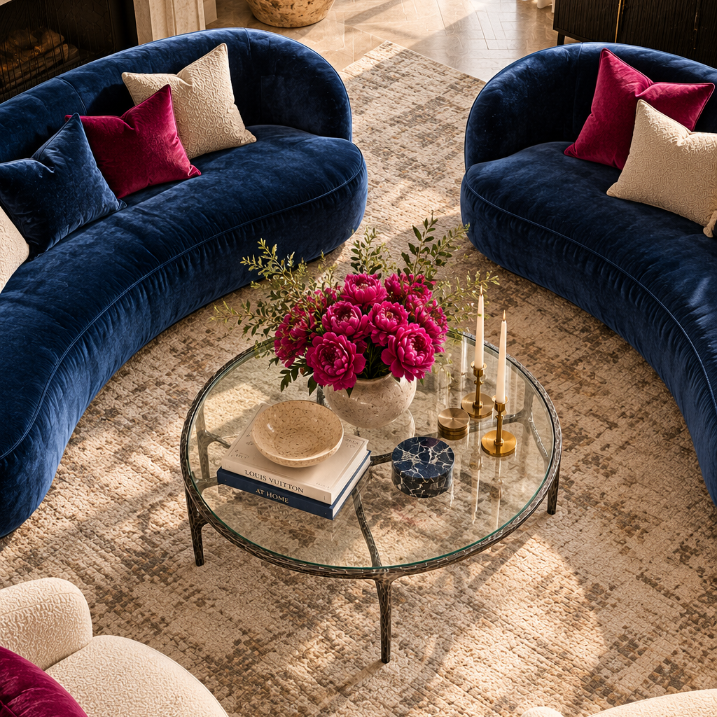 A luxury living room scene featuring two curved navy blue velvet sofas arranged in a circle around a glass-top coffee table. The room is styled with a textured beige and brown area rug, cream bouclé armchairs, and deep magenta and cream accent pillows.