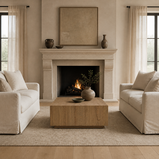 A beautifully styled living room featuring a central stone fireplace with a warm fire burning inside, flanked by two cream slipcovered armchairs and a light wood coffee table on a beige rug. The room is decorated with neutral-toned vases, a large framed canvas, and sheer curtains.