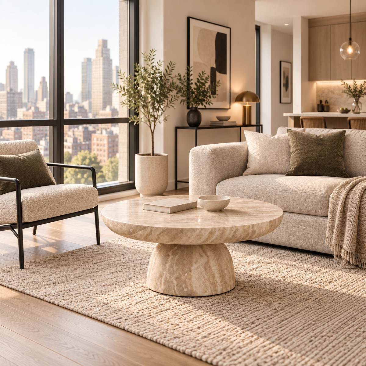 A modern living room scene featuring a round beige marble coffee table as the central product, styled with a beige armchair, a cream sofa, a textured rug, and a large window overlooking a city skyline.