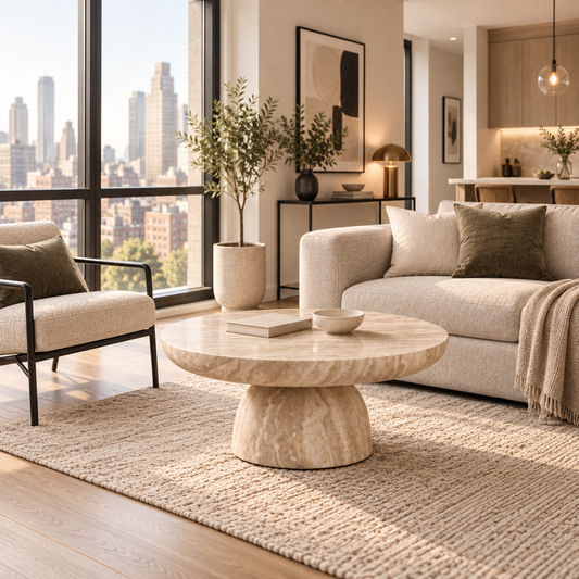 A modern living room scene featuring a round beige marble coffee table as the central product, styled with a beige armchair, a cream sofa, a textured rug, and a large window overlooking a city skyline.