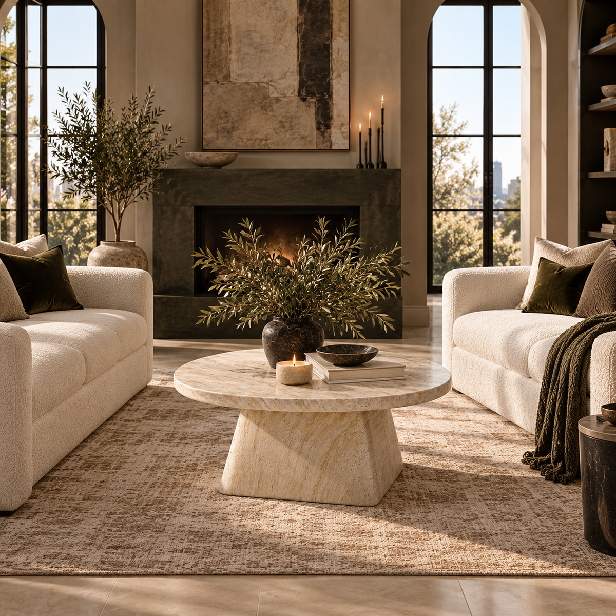 A beautifully styled modern living room featuring a round, low-profile marble coffee table as the central piece, flanked by two cream-colored sofas on a textured beige rug. The room is designed with a dark gray fireplace, tall arched windows, and warm natural light streaming in from the sides.