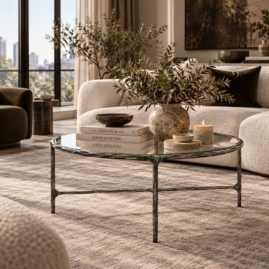 A round glass-top coffee table with a distressed dark metal frame sits in a modern living room setting. The table is styled with books, a ceramic vase of greenery, and a candle, set on a textured beige rug in front of a cream boucle sofa.