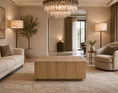 Load image into Gallery viewer, A modern, elegant living room featuring a large rectangular light oak wood coffee table centered on a textured beige rug. The room is styled with a cream sofa, a matching armchair, floor lamps, a crystal chandelier, and a potted tree.

