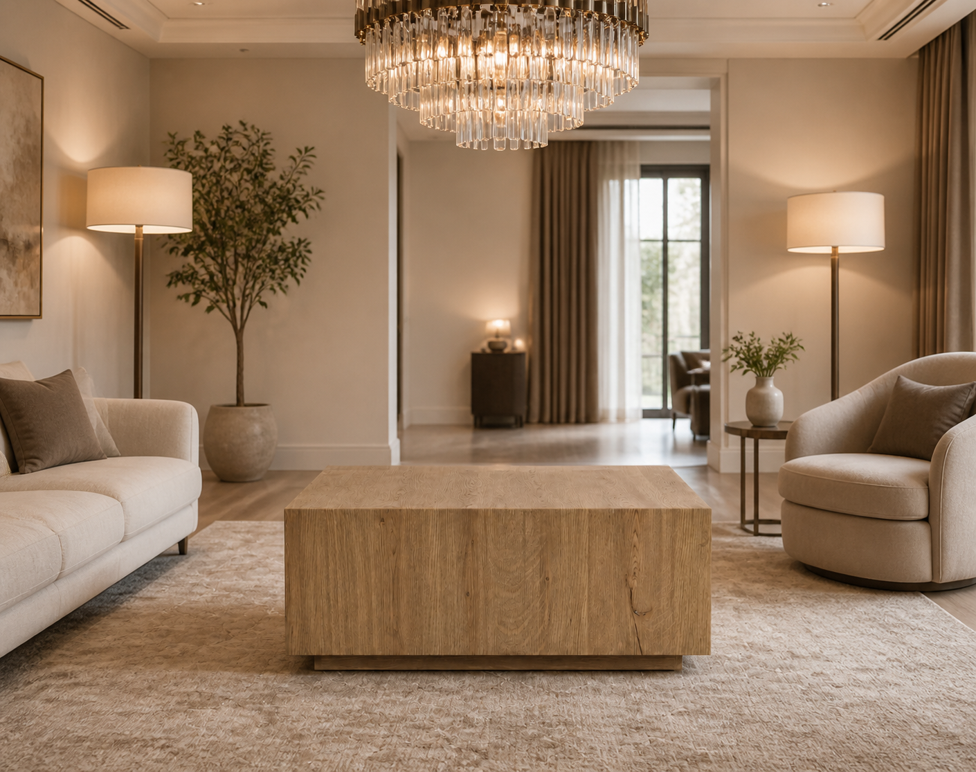 A modern, elegant living room featuring a large rectangular light oak wood coffee table centered on a textured beige rug. The room is styled with a cream sofa, a matching armchair, floor lamps, a crystal chandelier, and a potted tree.