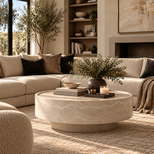 A modern living room featuring a round, low-profile coffee table with a textured beige stone or concrete finish. The table is styled with a dark ceramic vase containing green foliage, a stack of books, and a small candle.