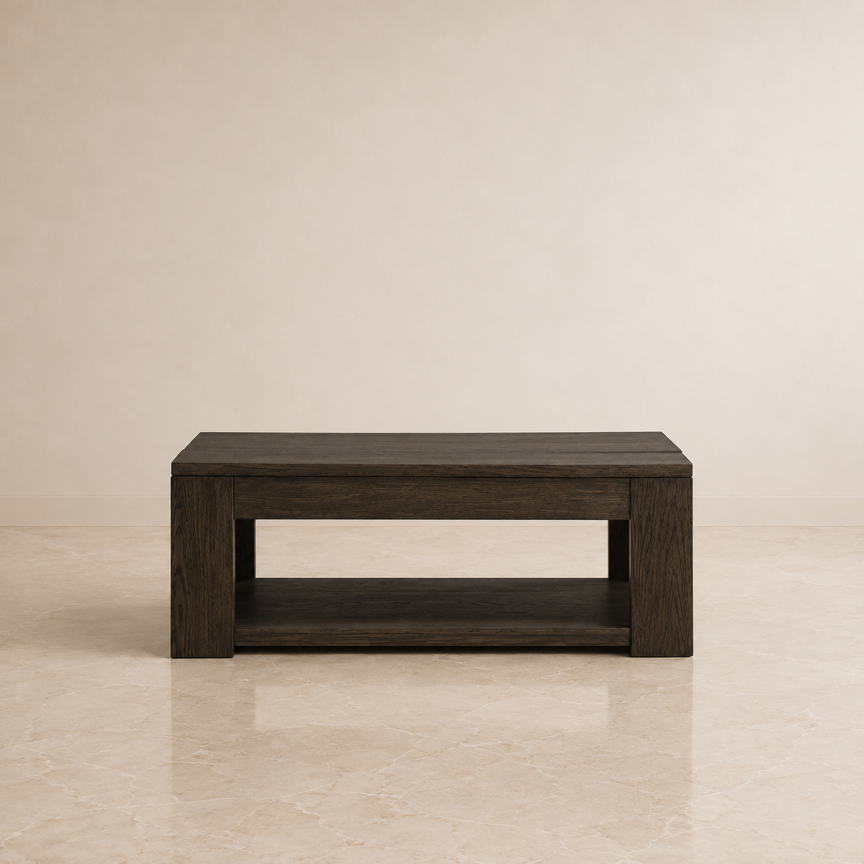 A rectangular dark brown wooden coffee table with an open lower shelf, set against a neutral beige wall and tiled floor.