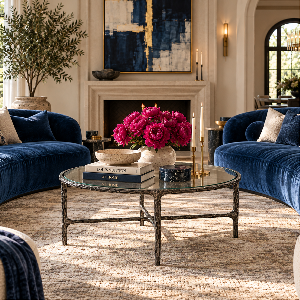 A luxury living room featuring a curved arrangement of deep blue velvet sofas, a round glass-top coffee table, a textured beige rug, and a vibrant pink floral arrangement in the center.