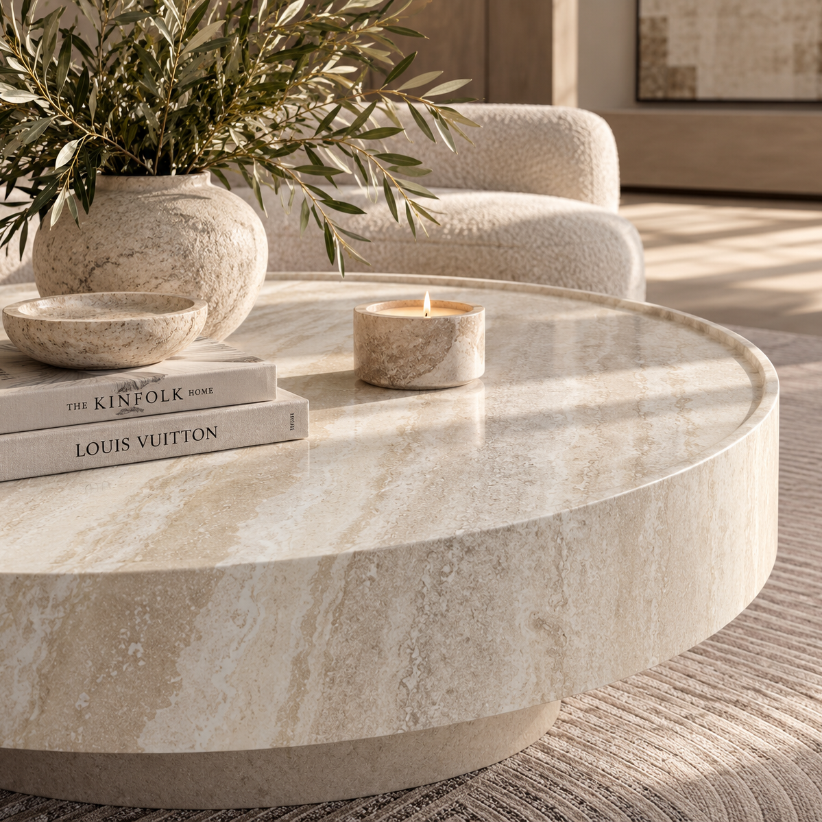 A round beige marble coffee table in a styled living room setting, decorated with a textured ceramic vase of olive branches, a small bowl, a lit candle, and stacked books.