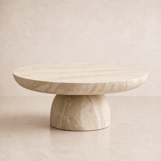 A round stone coffee table with a thick pedestal base, crafted from light beige travertine or marble with natural veining, set against a matching beige textured background.