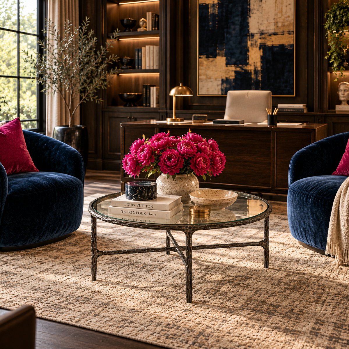 A luxury living room scene featuring two plush navy blue velvet armchairs with magenta pillows, a round glass-top coffee table with a vibrant pink flower arrangement, and a dark wood desk in the background.