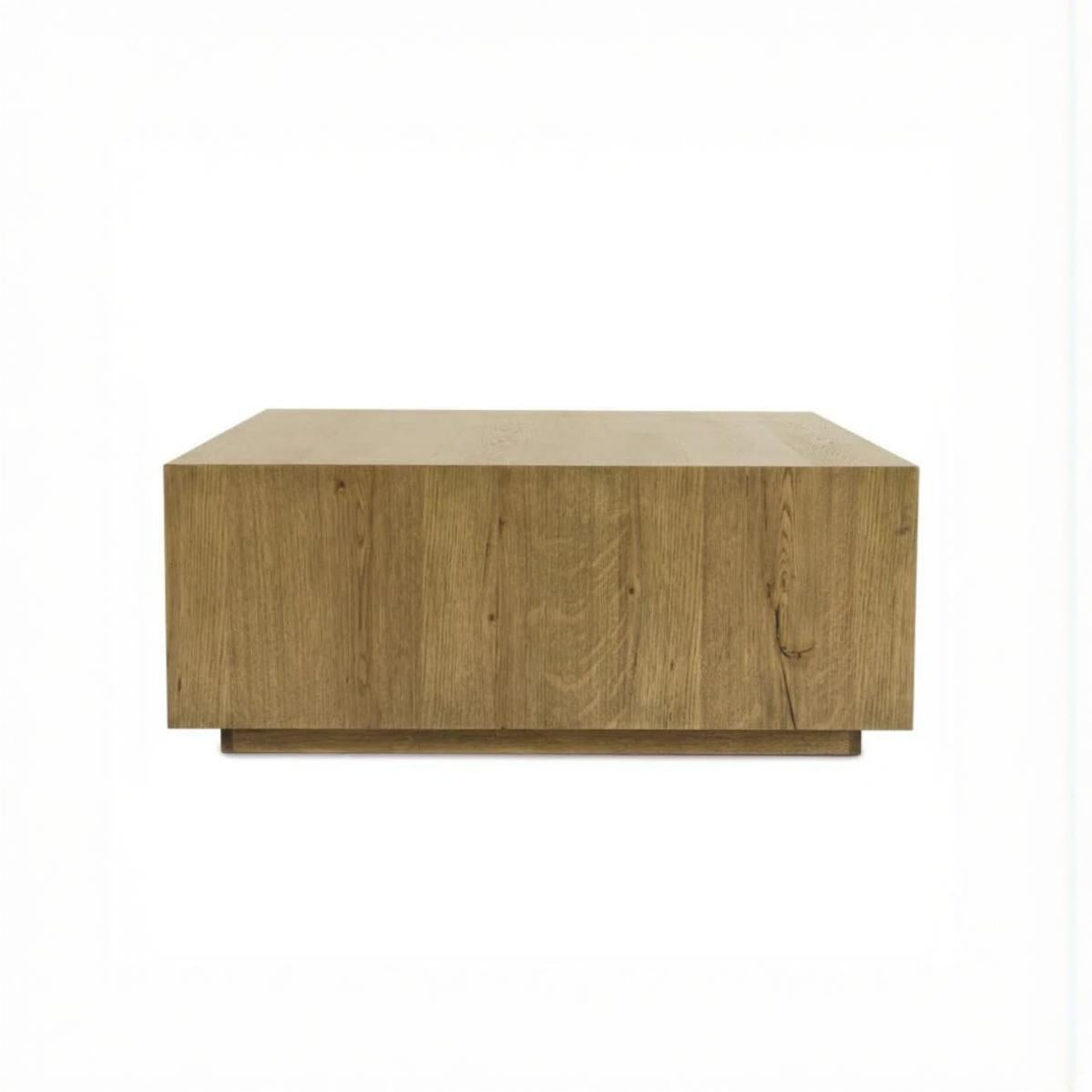 Cube-shaped wooden coffee table with clean lines and warm rustic finish on white background