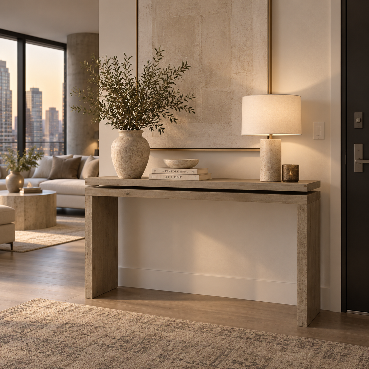 A modern concrete console table in a warm beige tone, styled in a contemporary living room with a ceramic lamp, a large textured vase with branches, and a small bowl on top.