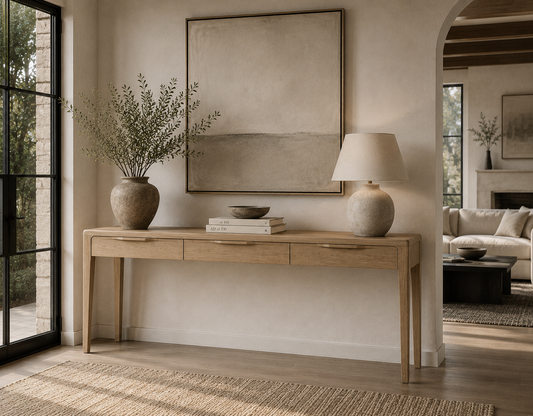 console table in a hallway with a vase, books, and a table lamp on it