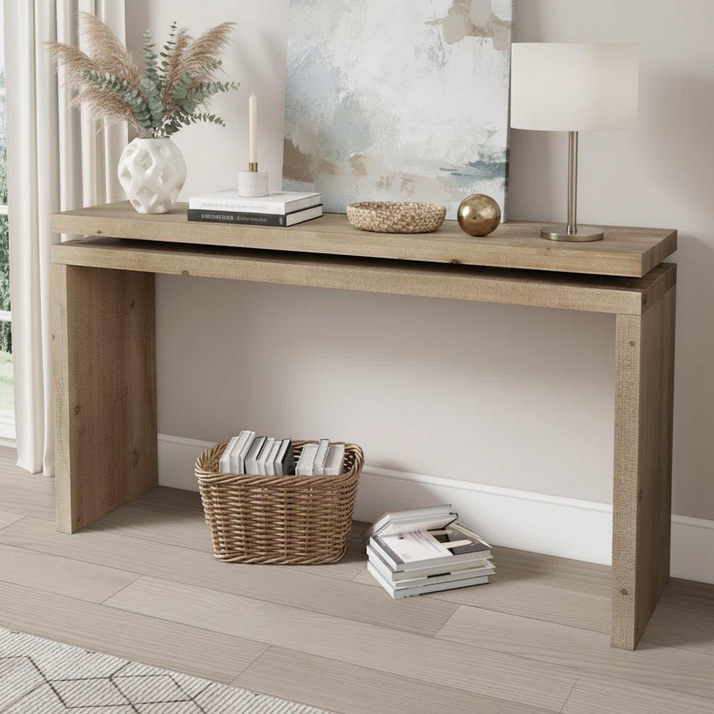 console table with decor on it and underneath it