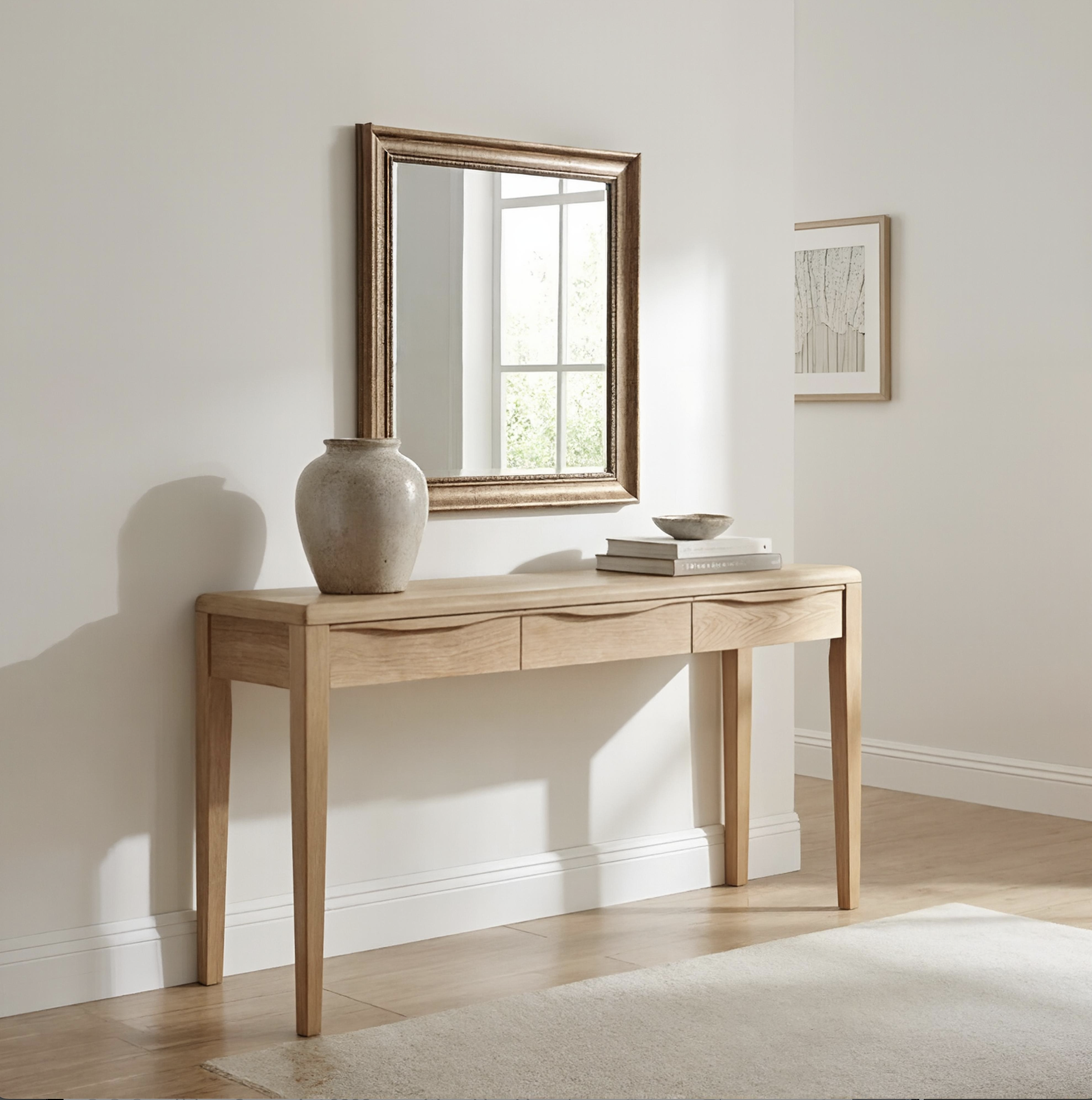 console table with a vase and books on it and a mirror above it hanginig on the wall