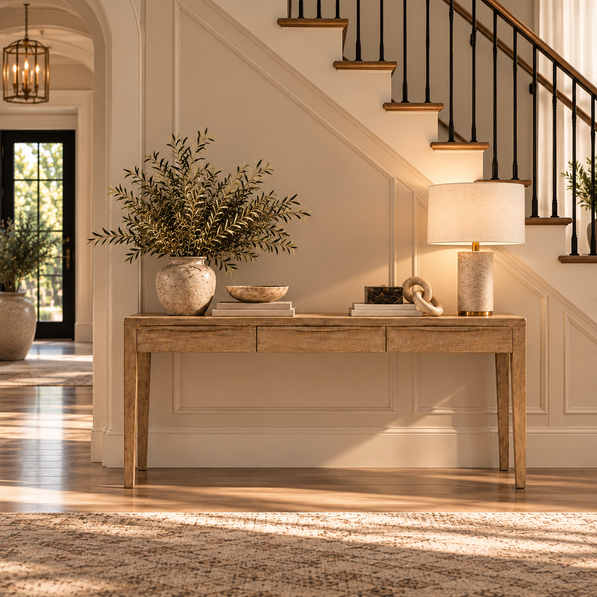 console table under staircase with decor on it