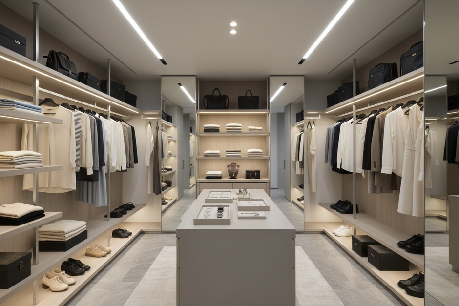 A modern walk-in closet with organized shelves, hanging clothes, folded garments, shoes, bags, and accessories neatly displayed in a well-lit space.