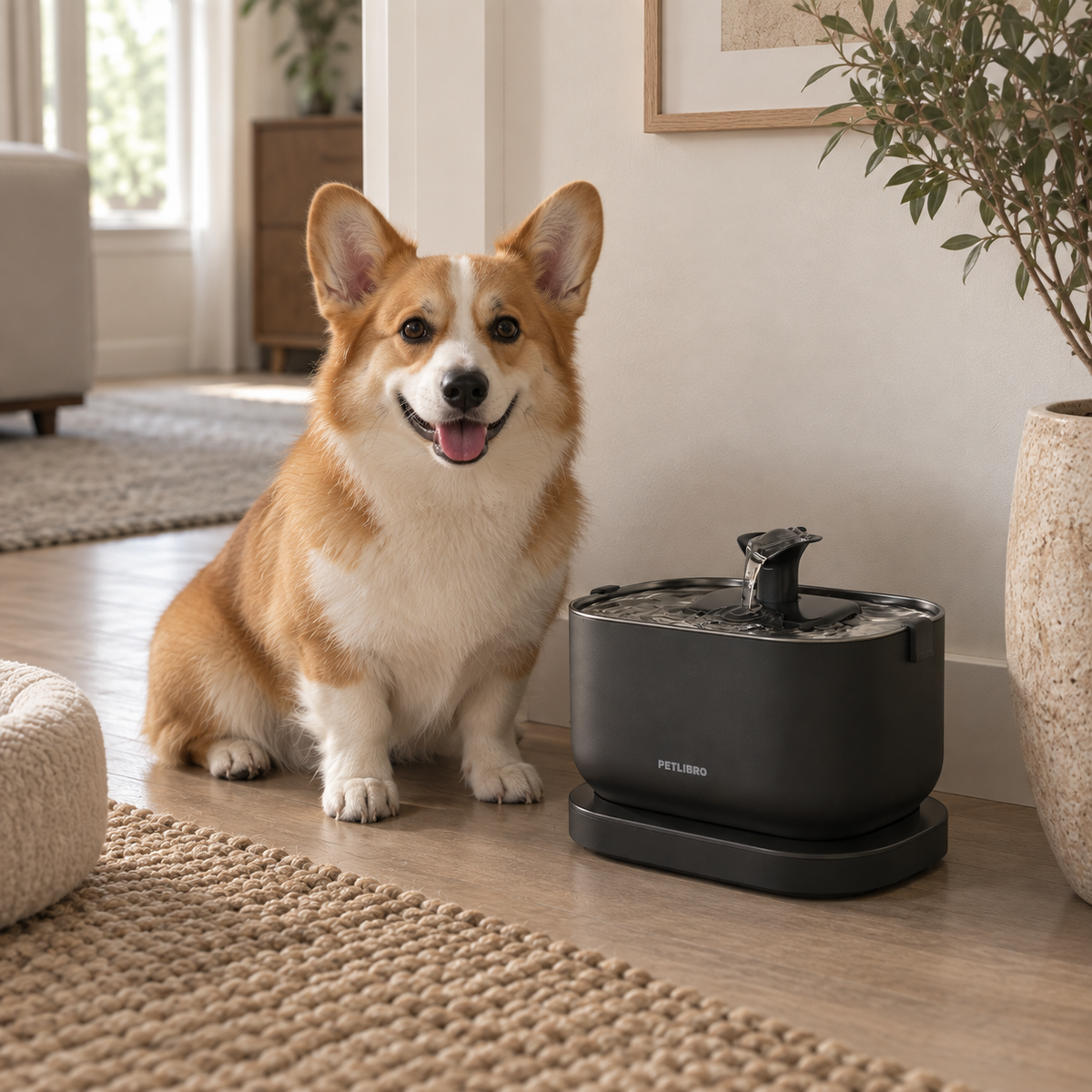 A corgi dog sits on a wooden floor next to a black PetLingo automatic pet water fountain in a bright, modern living room.