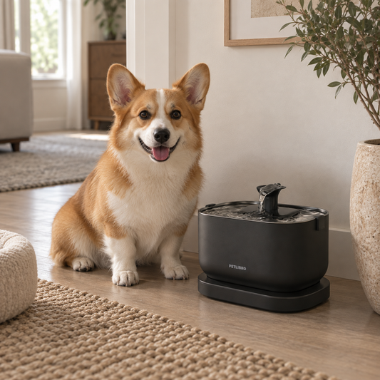 A corgi dog sits on a wooden floor next to a black PetLingo automatic pet water fountain in a bright, modern living room.