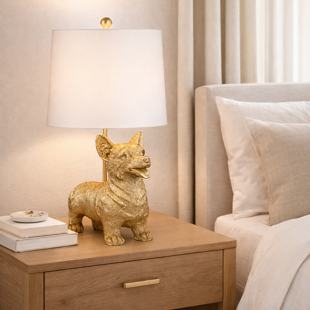 Gold Corgi Lamp with white drum shade on a wooden nightstand beside a cream upholstered bed.