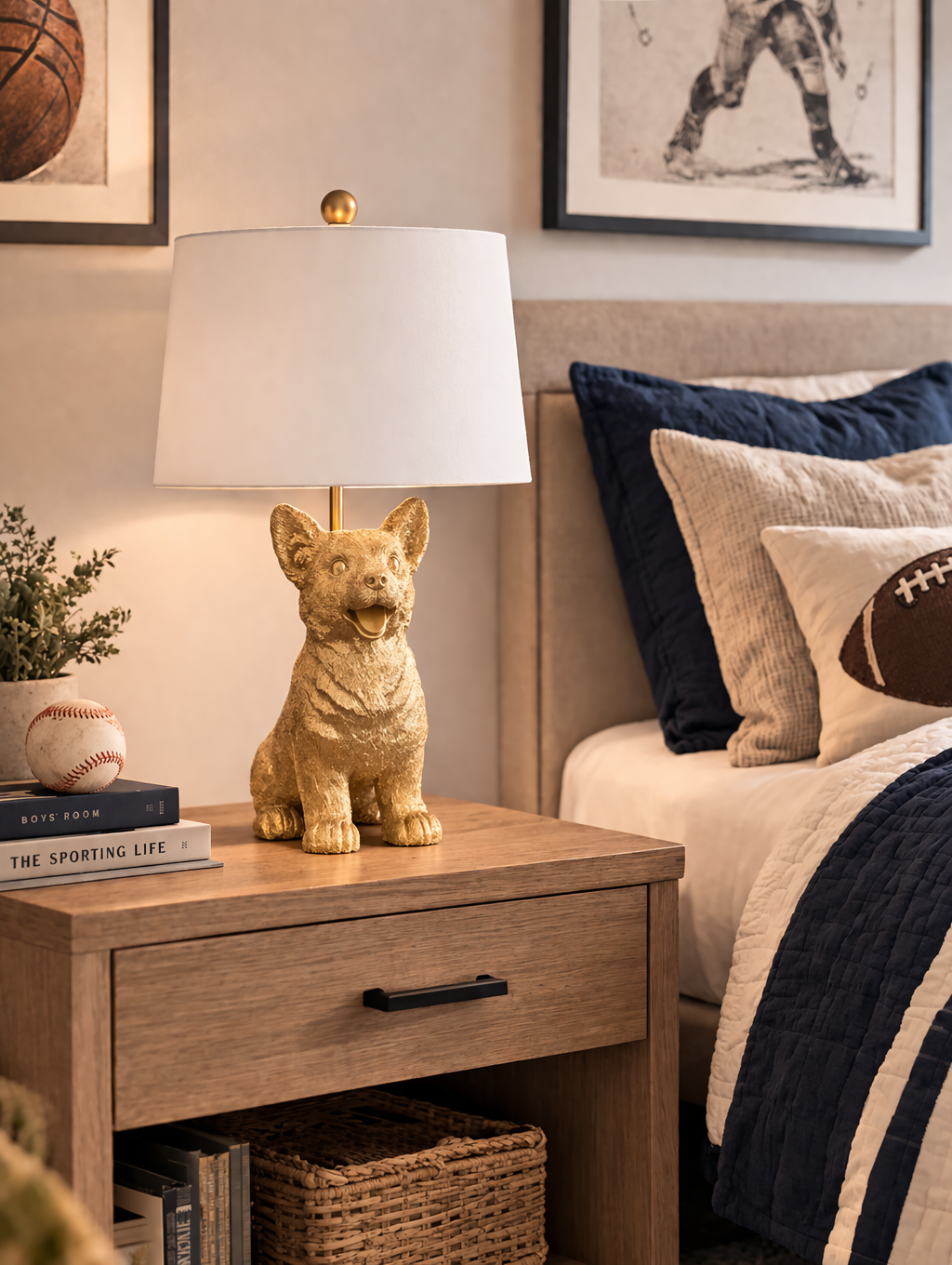 Corgi lamp in bedroom on nightstand which is next to a bed