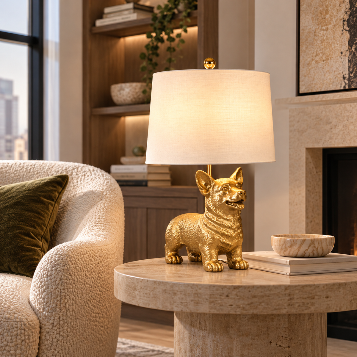 Gold Corgi Lamp with white fabric shade on a round stone side table beside a cream bouclé chair in a luxury living room.