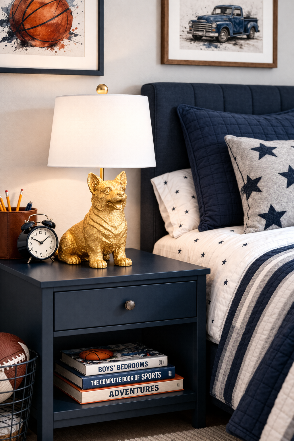corgi lamp in a room on a table next to a bed and a clock