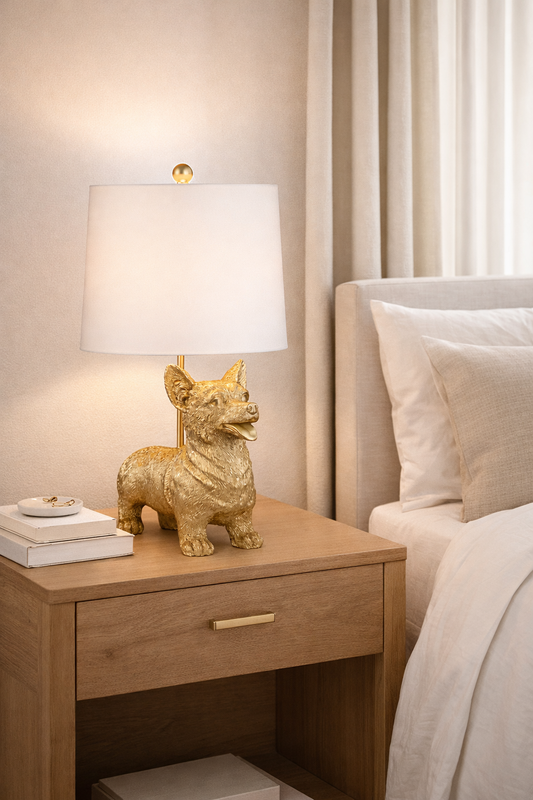 Corgi Lamp in bedroom on nightstand next to bed