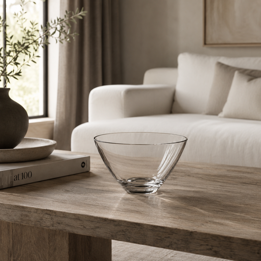 Crystal bowl styled on a wood coffee table in a neutral modern living room