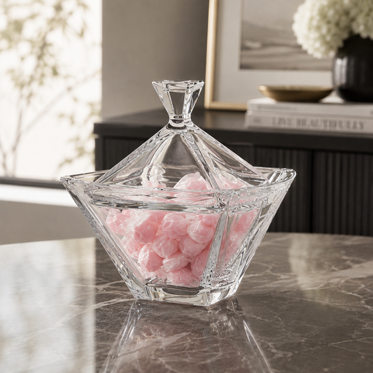 Crystal candy dish filled with light pink candy on a marble table in a modern living room