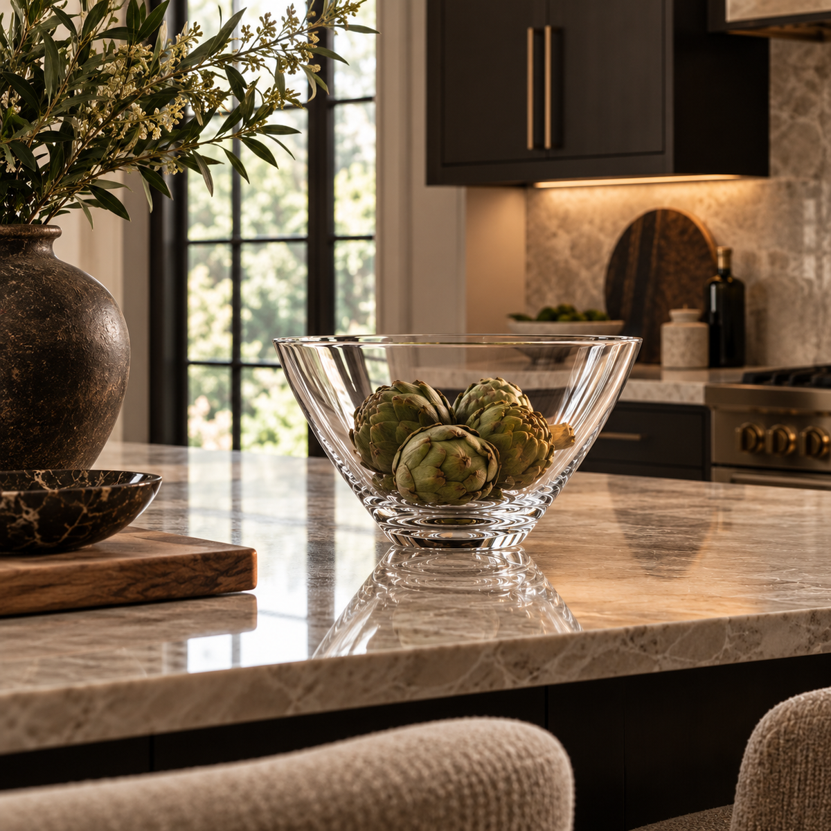 A crystal bowl filled with green artichokes sits on a polished marble kitchen island, with dark cabinetry, a vase of flowers, and a window in the background.