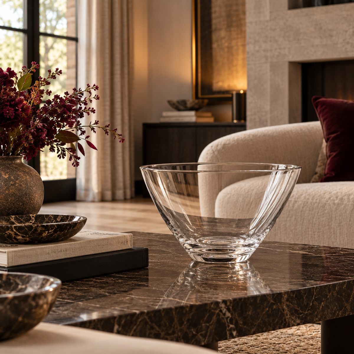 A clear crystal bowl with a flared rim sits on a dark marble coffee table in a modern living room setting with a beige sofa, fireplace, and decorative flowers.