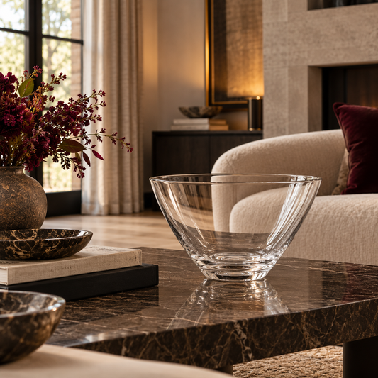 A clear crystal bowl with a flared rim sits on a dark marble coffee table in a modern living room setting with a beige sofa, fireplace, and decorative flowers.