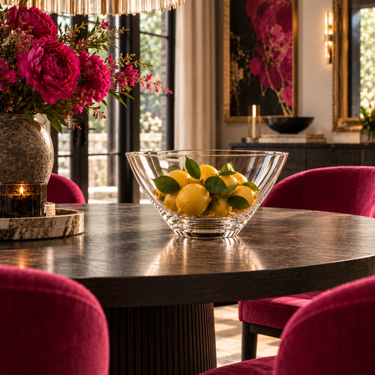 A clear crystal bowl filled with lemons sits on a dark round dining table in a styled dining room with magenta velvet chairs, a large vase of pink flowers, and wall art in the background.