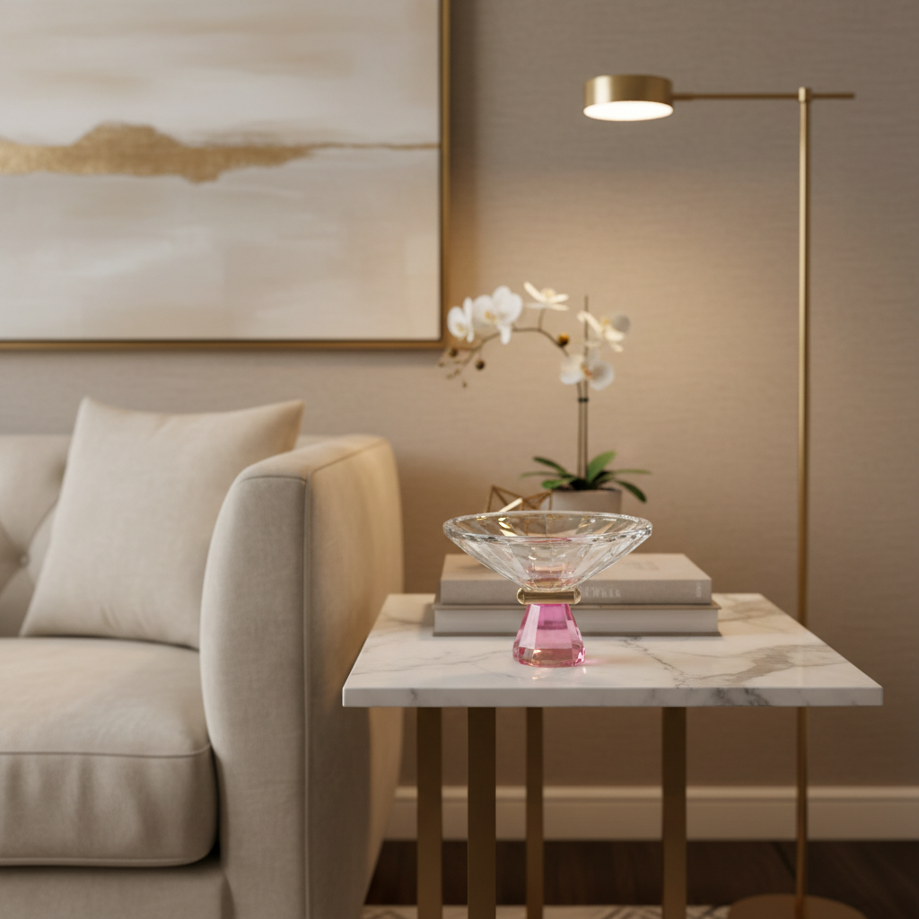 Crystal Candy Dish on a side table in a modern room with a floor lamp and sofa