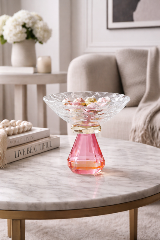 Crystal Candy Dish on cofee table in a bright room with a sofa