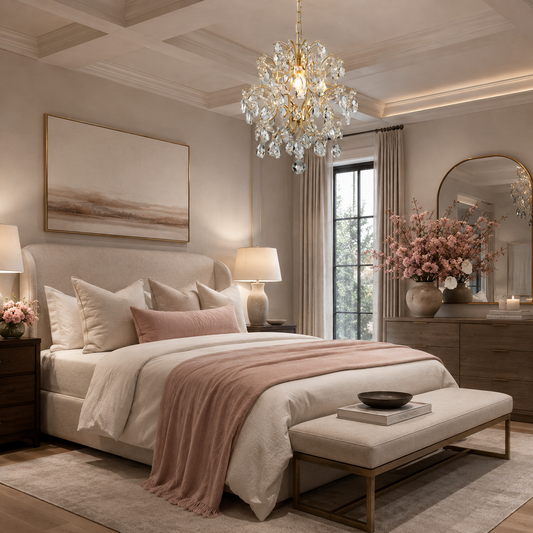 a crystal chandelier, and a dresser with pink floral arrangements.