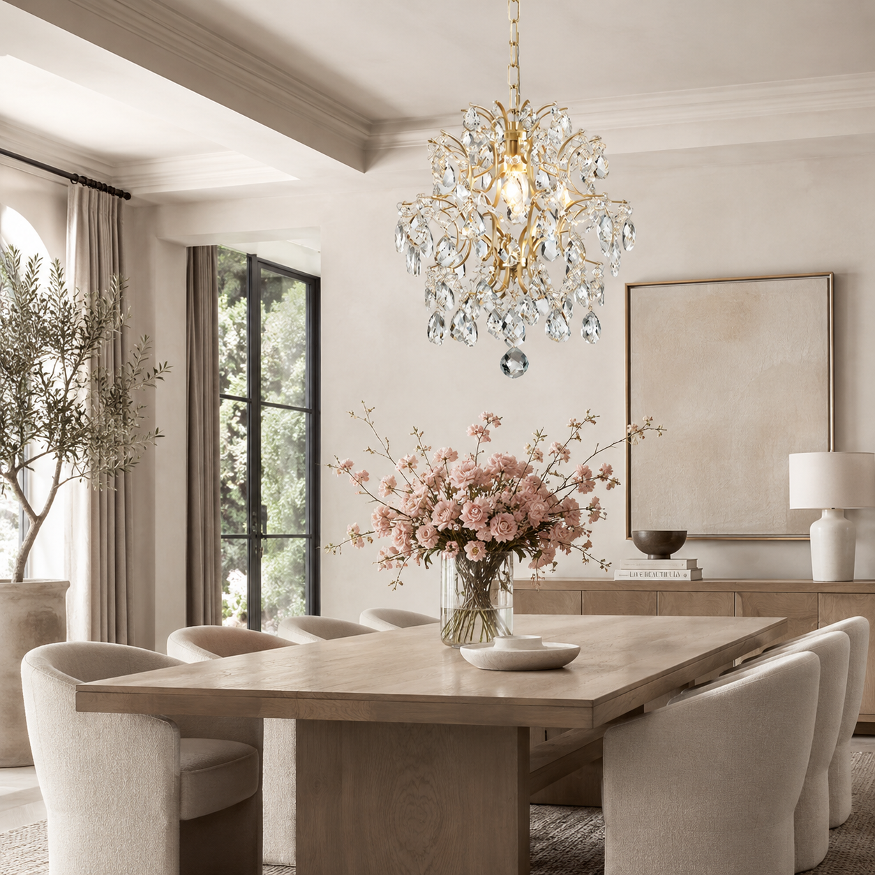 crystal chandelier with hanging clear crystal droplets suspended over a light wood dining table and upholstered cream chairs.