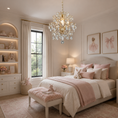 Load image into Gallery viewer, crystal chandelier hanging above a bed with pink and cream bedding. The room is decorated with a white dresser, built-in shelves, a plush bunny on a fur-trimmed bench, and two framed ballerina prints on the wall.
