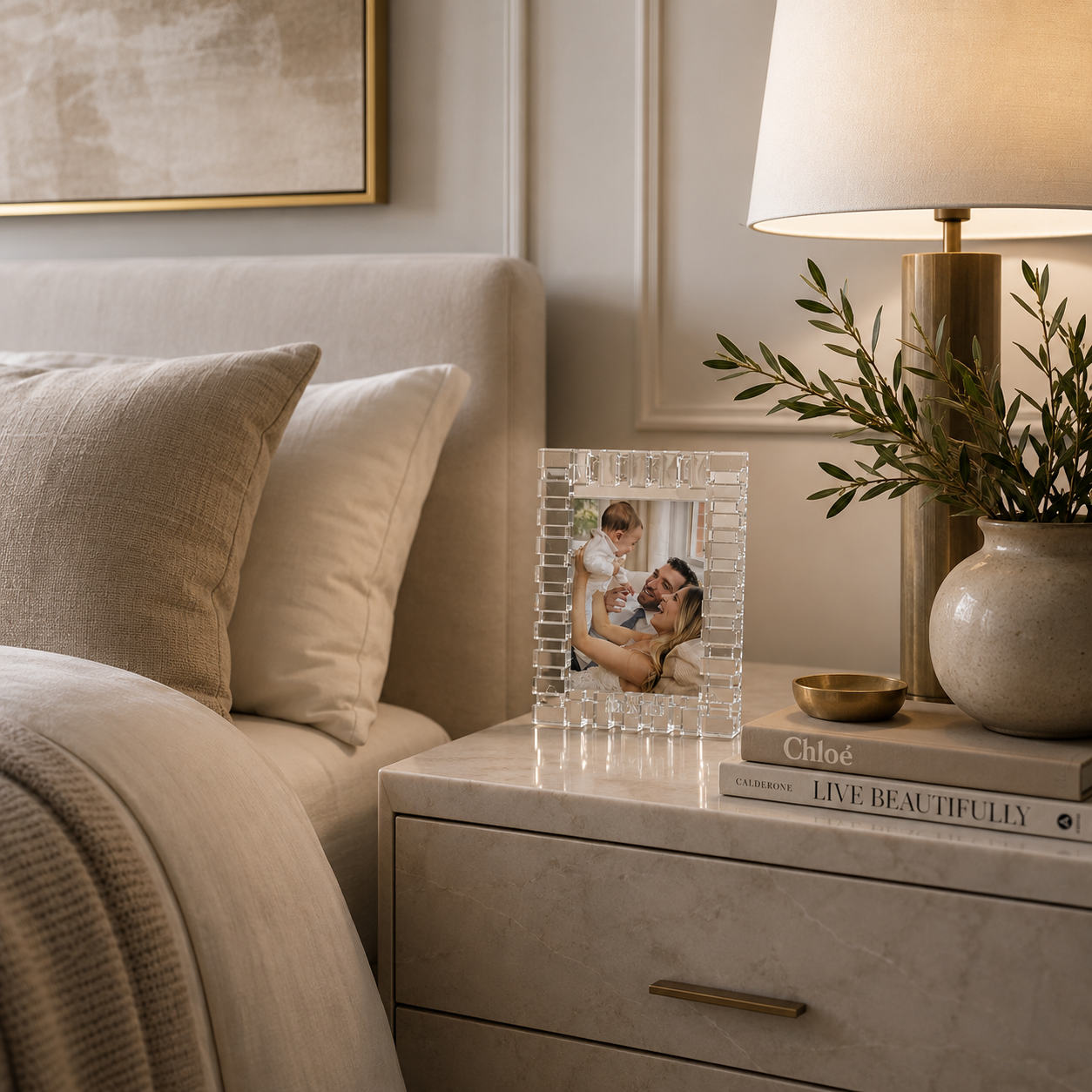 crystal picture frame with a textured, beaded border holding a family photo, styled on a marble nightstand next to a lit table lamp and a ceramic vase with greenery in a bedroom setting
