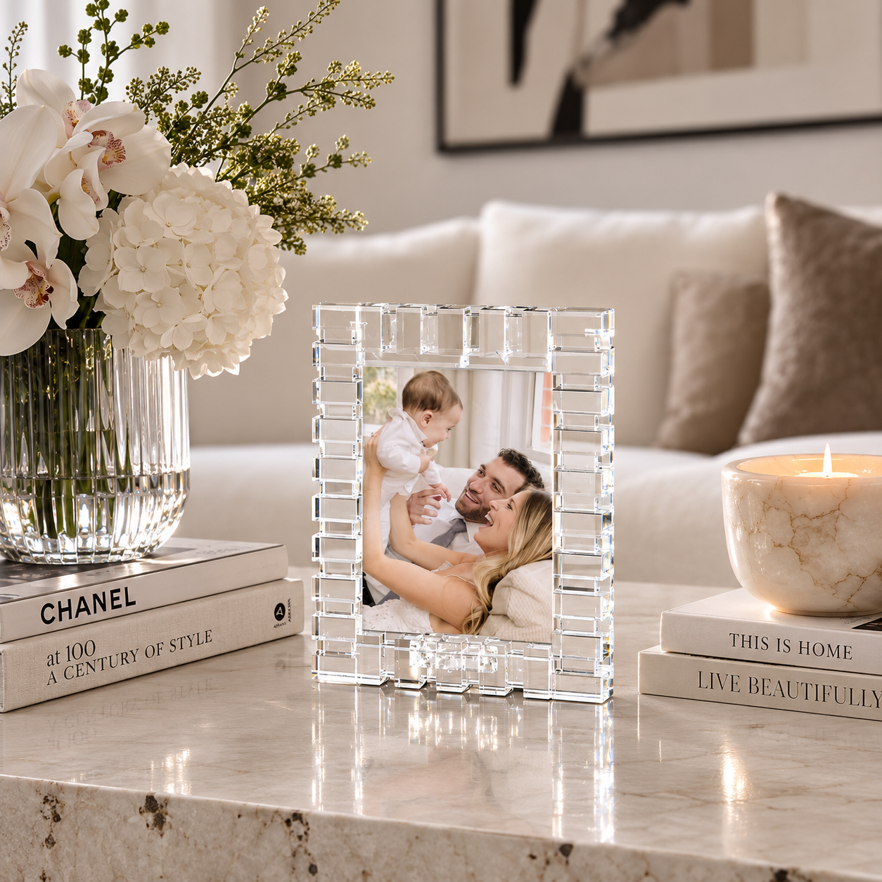 crystal picture frame in living room with sofa in the background