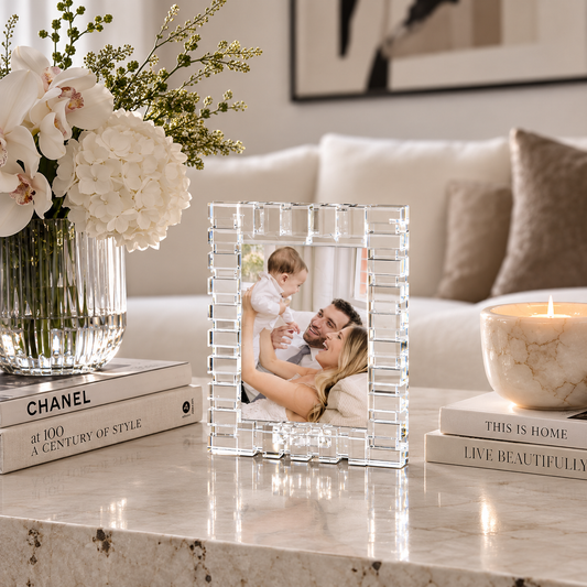 crystal picture frame in living room with sofa in the background