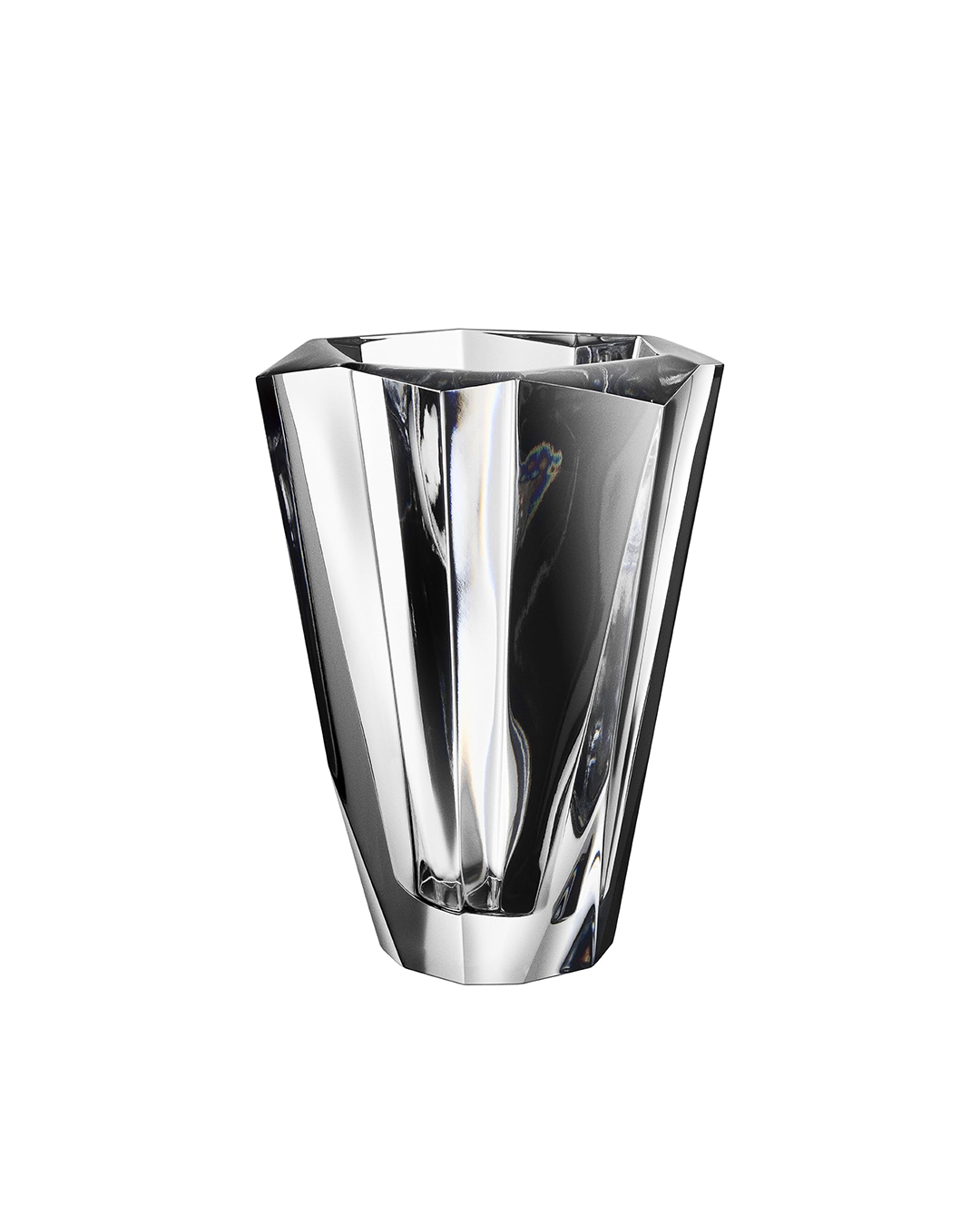 Clear Fiona crystal vase with faceted geometric design and polished finish on a white background