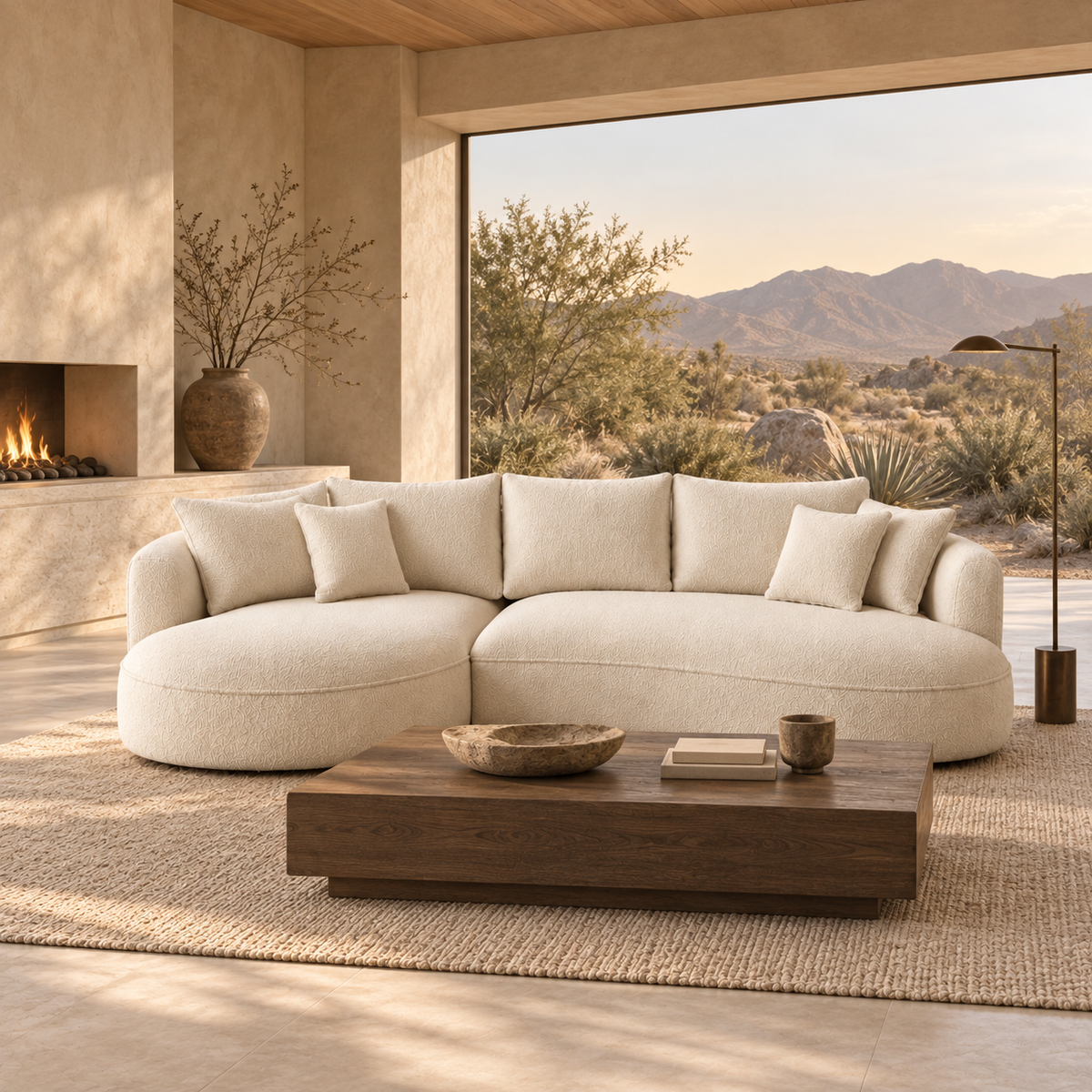curved sofa in living space with coffee table in front of it and a floor lamp beside it