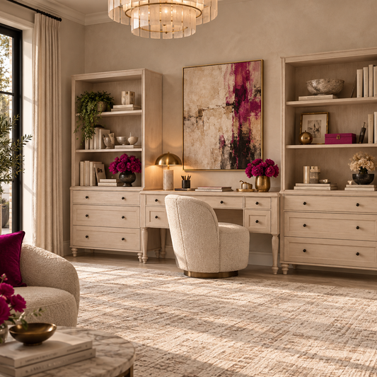 A staged home office interior featuring a cream-colored writing desk, two matching tall bookshelves, a round upholstered chair, a chandelier, and a large abstract painting with pink and purple floral accents on the wall.