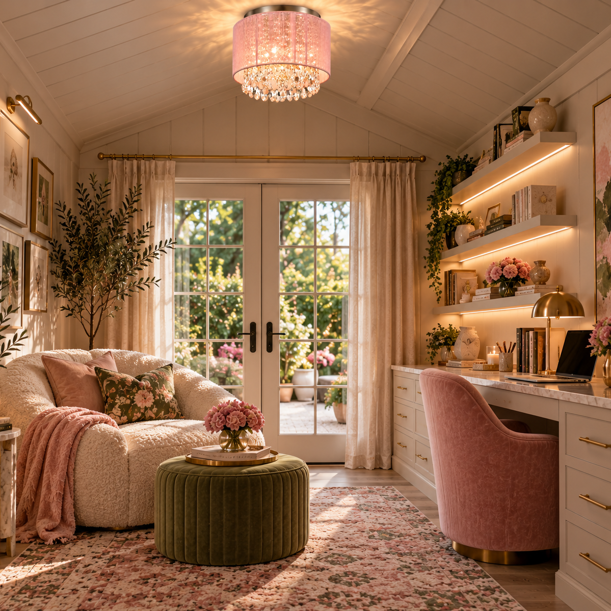 A beautifully styled home office or study featuring a pink velvet desk chair, a white desk with gold handles, built-in shelves with warm lighting, a pink floral chandelier, and a cozy cream sofa with pink throw pillows. The room is decorated with plants, framed art, and a large window looking out onto a garden.
