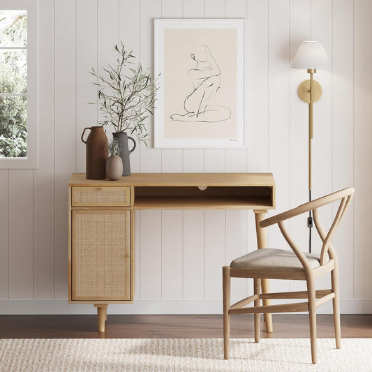 Aaron Modern Desk with Storage, Natural Rattan Table with Square Webbing and Gold Accent Knobs, Natural Brown